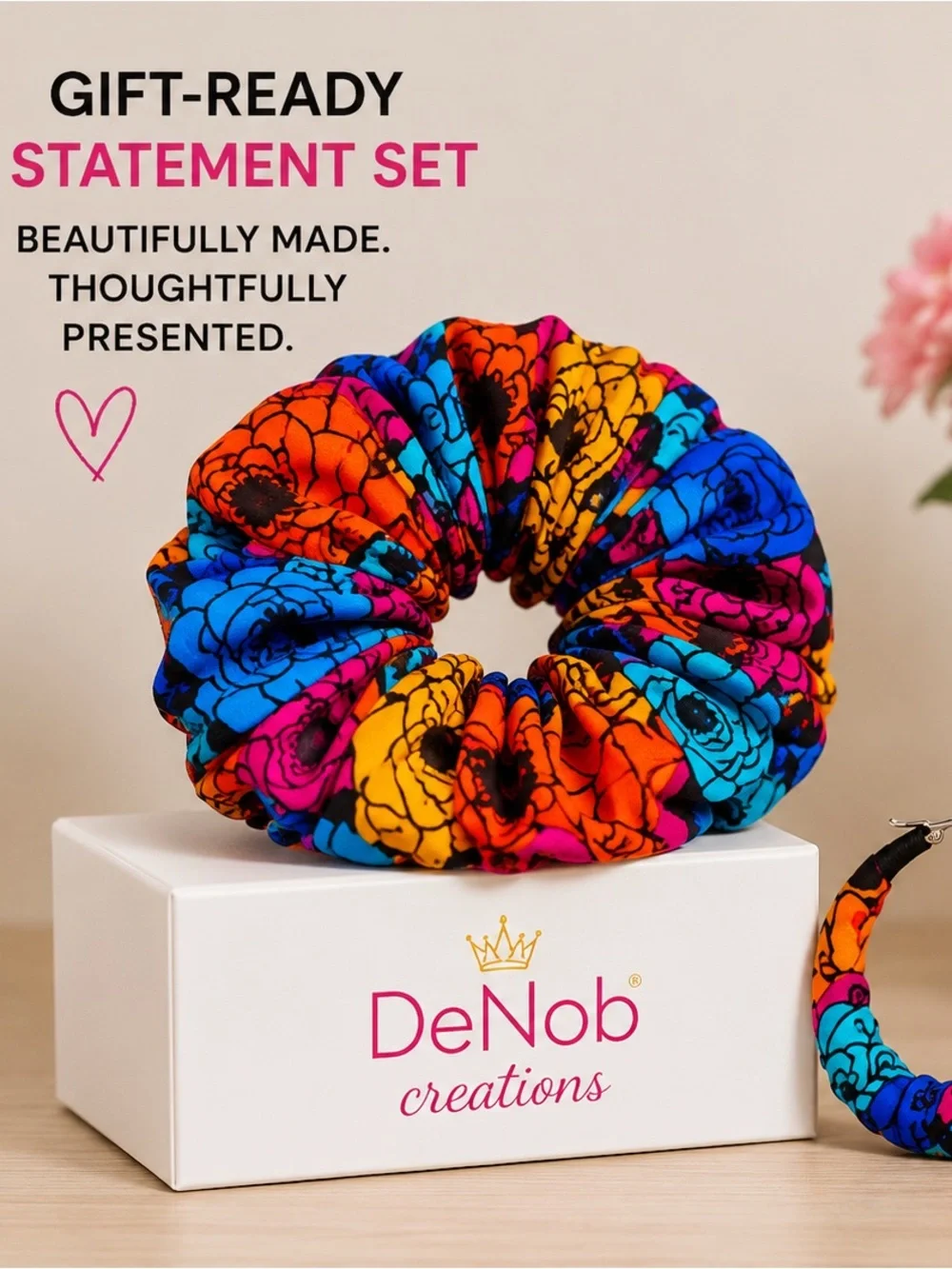 Handmade African Ankara Print Scrunchie & Hoop Earring Set | Blue Big Flower